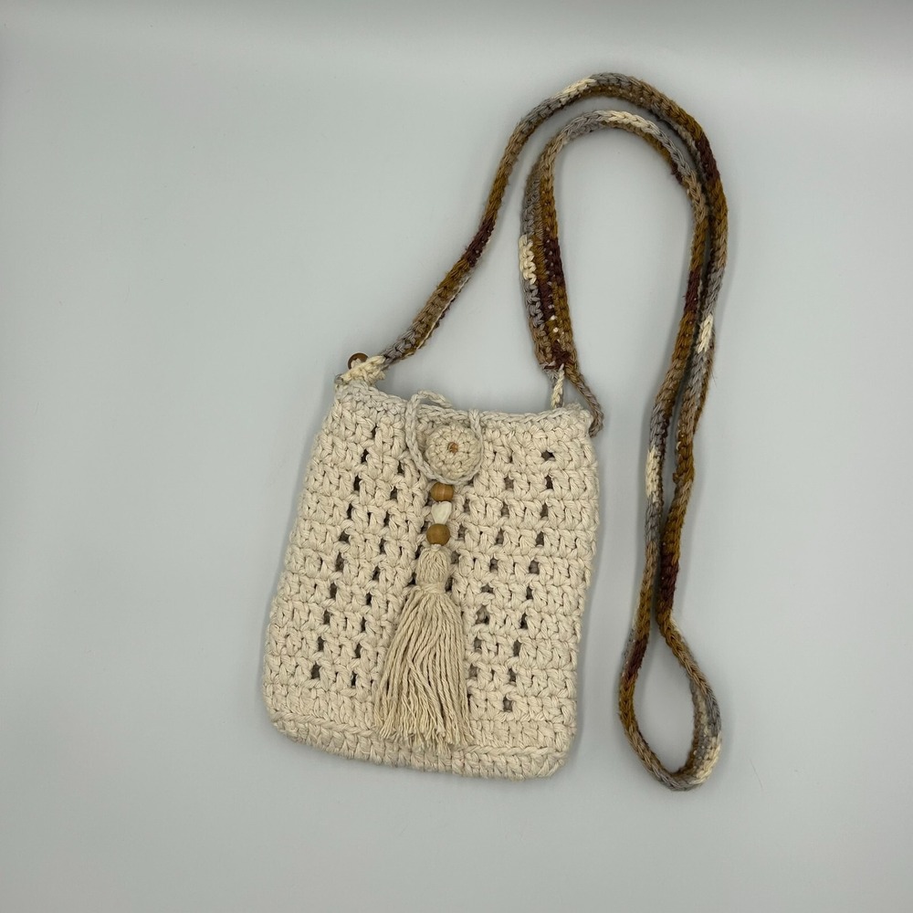 Hand Crocheted Crossbody Ivory Cream 6" x‎ 7.5" Handbag Pouch with Tassel Accent